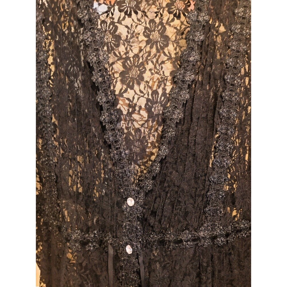 ADORE Black Floral Lace Button-Down Duster/Robe w Long Bell Sleeves Uneven Hem - Picture 10 of 10